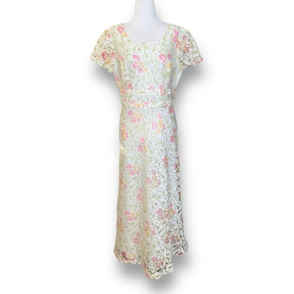 Vintage 90s Lennie New York Floral Gown Brocade Dress Bow Detail Column Maxi - Picture 1 of 12